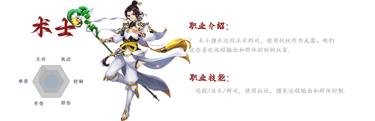 武林外传手游中，术士是一类远程法术攻击的角色，专精于群体伤害。使用权杖作为主要武器，术士能够对多个目标同时施加强力的法术，对战局产生显著的影响。这样的角色非常适合那些热衷于远程输出及控制敌人的玩家。