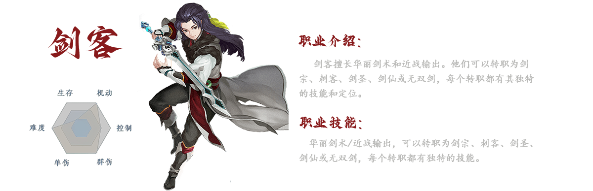 在武林外传手游中，剑客以其精湛的剑技和近战攻击能力而闻名。他们能够选择转职为剑宗、刺客、剑圣、剑仙或无双剑，每一种转职都拥有独特的技能和角色定位。这些不同的转职让玩家能够根据自己的游戏风格和需求。