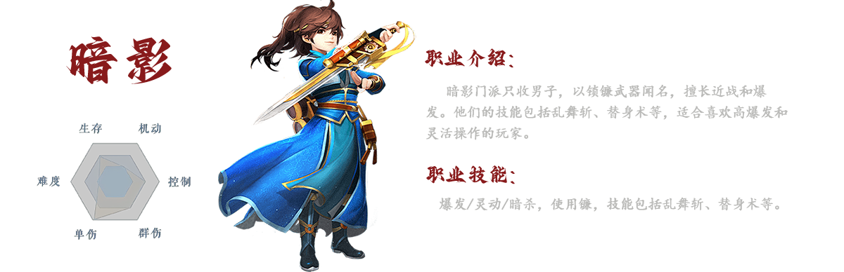 武林外传手游中暗影门派专门招募男子，以其独特的锁镰武器而著称。其以近战和高爆发能力为特点，吸引了众多追求刺激的玩家。暗影门派的技能组合丰富多样，像是乱舞斩和替身术等，突显了他们在战斗中的灵活性。