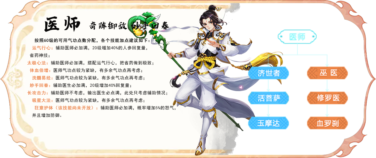 《武林外传：十年之约》中的医师职业以团队辅助和战场续航为核心定位，具备高防御、强治疗及增益能力，是副本和团战不可或缺的生存保障。